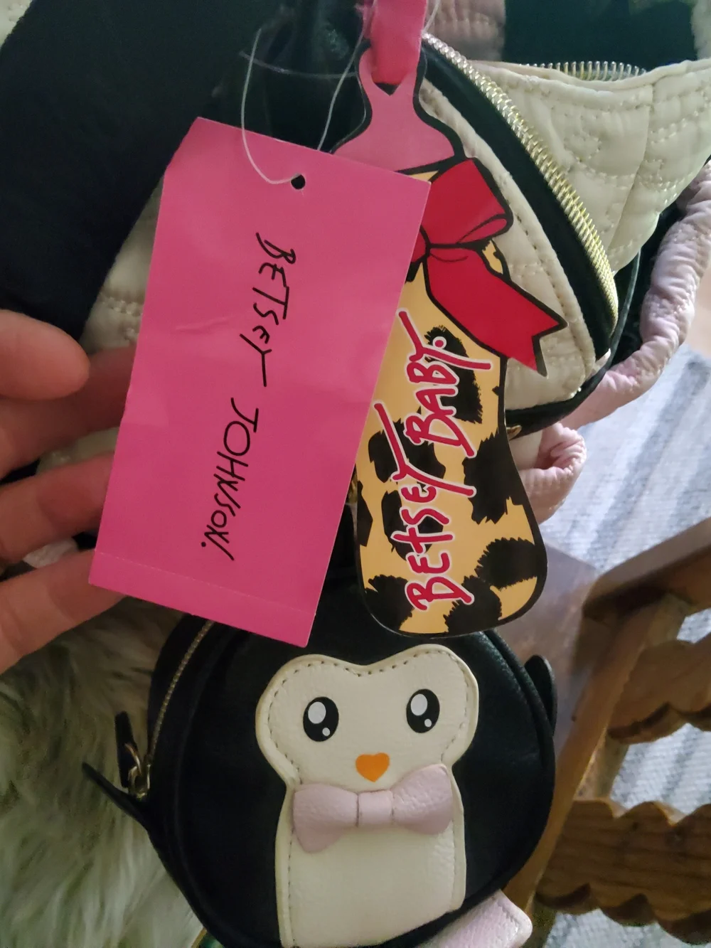 Betsey Johnson Quilted Pink and White Baby Bag with Penguin Pouch